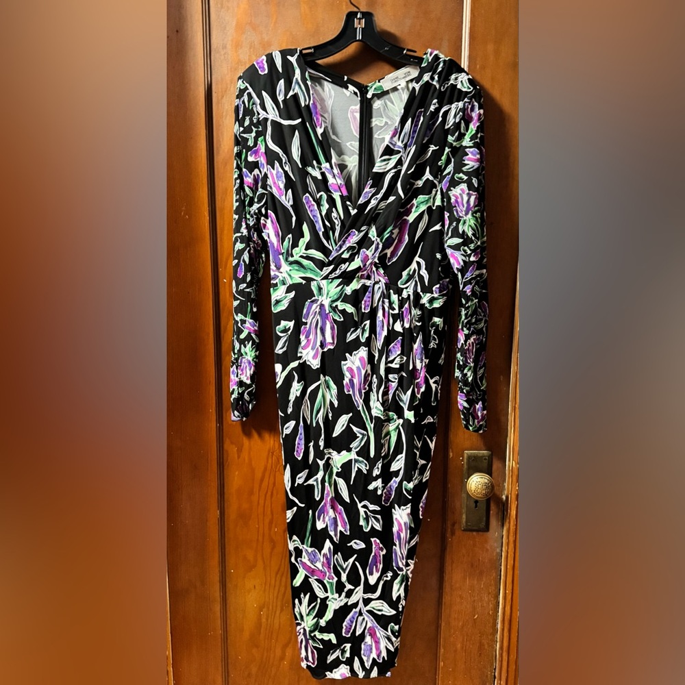 Diane Von Furstenberg Vivienne Black and Purple Floral Midi Dress, Size XL, NWT - Picture 4 of 11